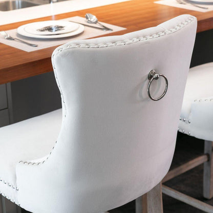 Contemporary Velvet Upholstered Barstools with Button Tufted Decoration and Wooden Legs, and Chrome Nailhead Trim, Leisure Style Bar Chairs,Bar stools, Set of 2 (Beige)