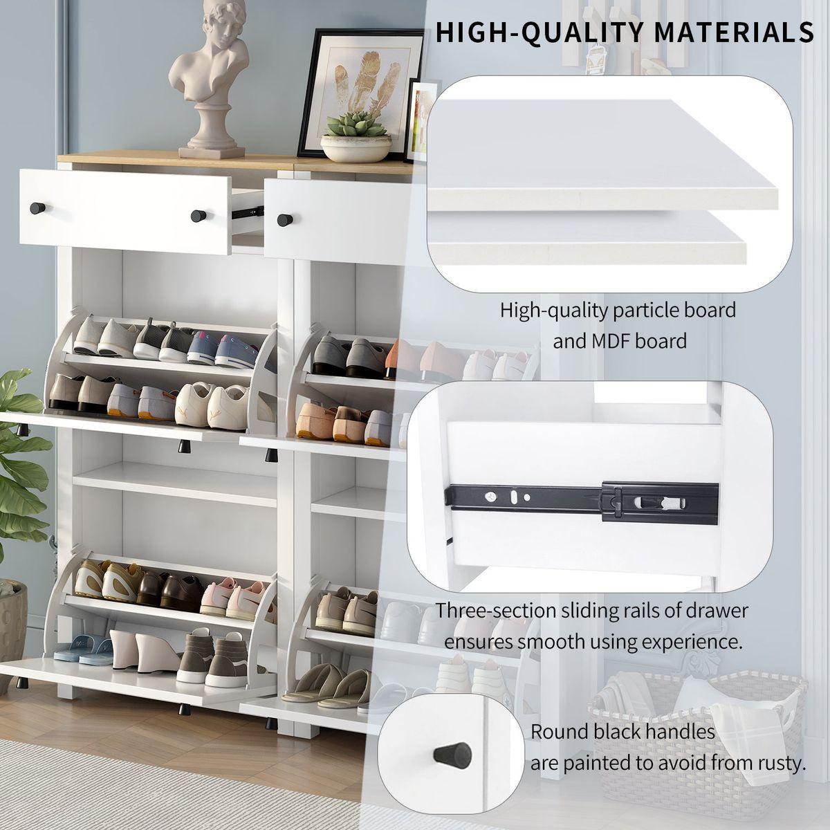 Slim Shoe Cabinet Set with 4 Flip Drawers, Wood Grain Pattern Top Shoe Storage Solution with Adjustable Panel, Modern Style Shoe Rack with Drawers for Hallway, White