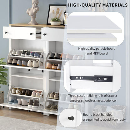 Slim Shoe Cabinet Set with 4 Flip Drawers, Wood Grain Pattern Top Shoe Storage Solution with Adjustable Panel, Modern Style Shoe Rack with Drawers for Hallway, White