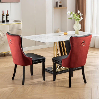 Nikki Collection Modern, High-end Tufted Solid Wood Contemporary PU and Velvet Upholstered Dining Chair with Wood Legs Nailhead Trim 2-Pcs Set, Black+WineRed, Burgundy