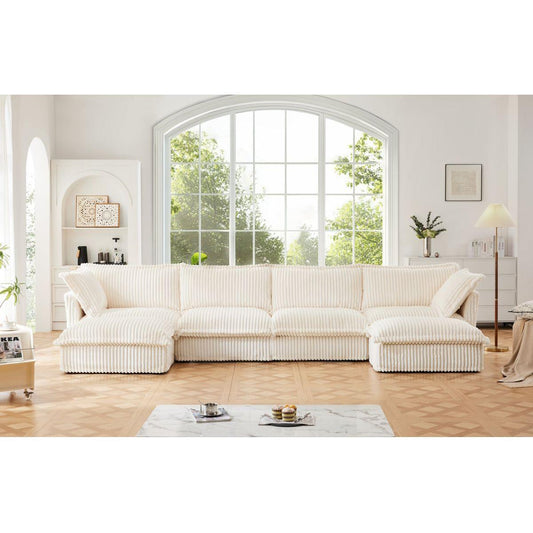 Slipcovered U Shape Sectional Wide and Deep Seat Sofa Couch, 4 Seater Sofa with French Edges Design Multiple Big Pillows, Soft Deep Seat Comfy Cloud Couch for Living Room, Apartment, Cream Corduroy