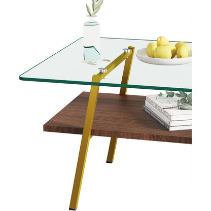 Rectangle Coffee Table, Tempered Glass Tabletop with Gold Metal Legs, Modern Table for Living Room, Transparent Glass