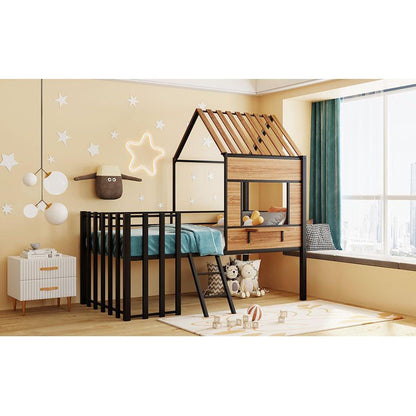 Metal Twin size Loft Bed with Roof, Window, Guardrail, Ladder Black