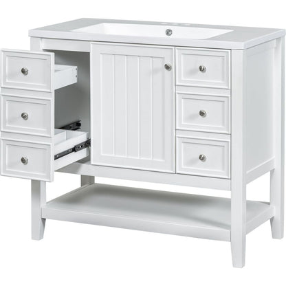 36" Bathroom Vanity with Sink Combo, One Cabinet and Three Drawers, Solid Wood and MDF Board, White