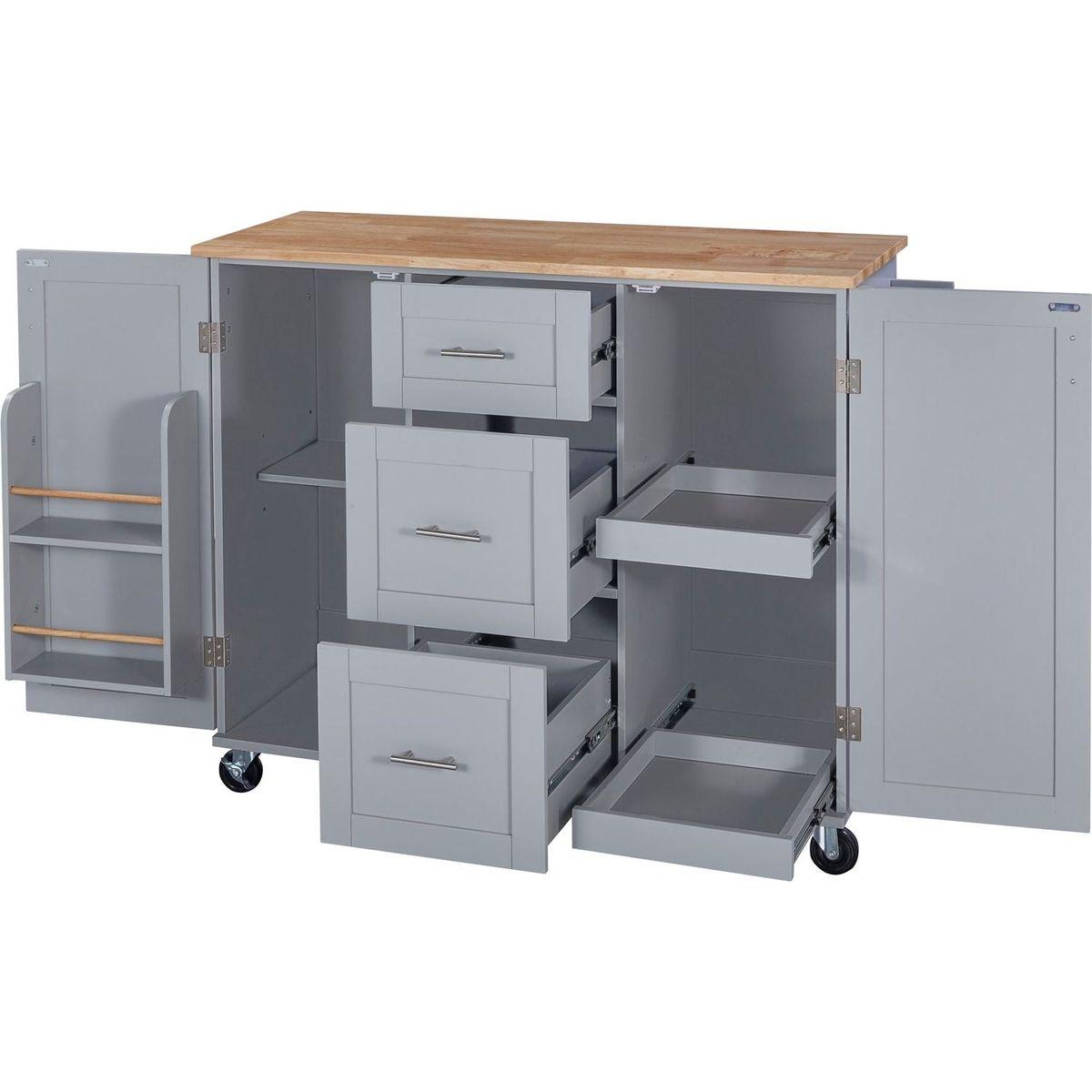 Rolling Kitchen Island with Storage, Kitchen Cart with Rubber Wood Top, 3 Drawer, 2 Slide-Out Shelf and Internal Storage Rack, Kitchen Island on Wheels with Spice Rack & Tower Rack, Grey Blue