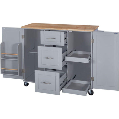 Rolling Kitchen Island with Storage, Kitchen Cart with Rubber Wood Top, 3 Drawer, 2 Slide-Out Shelf and Internal Storage Rack, Kitchen Island on Wheels with Spice Rack & Tower Rack, Grey Blue