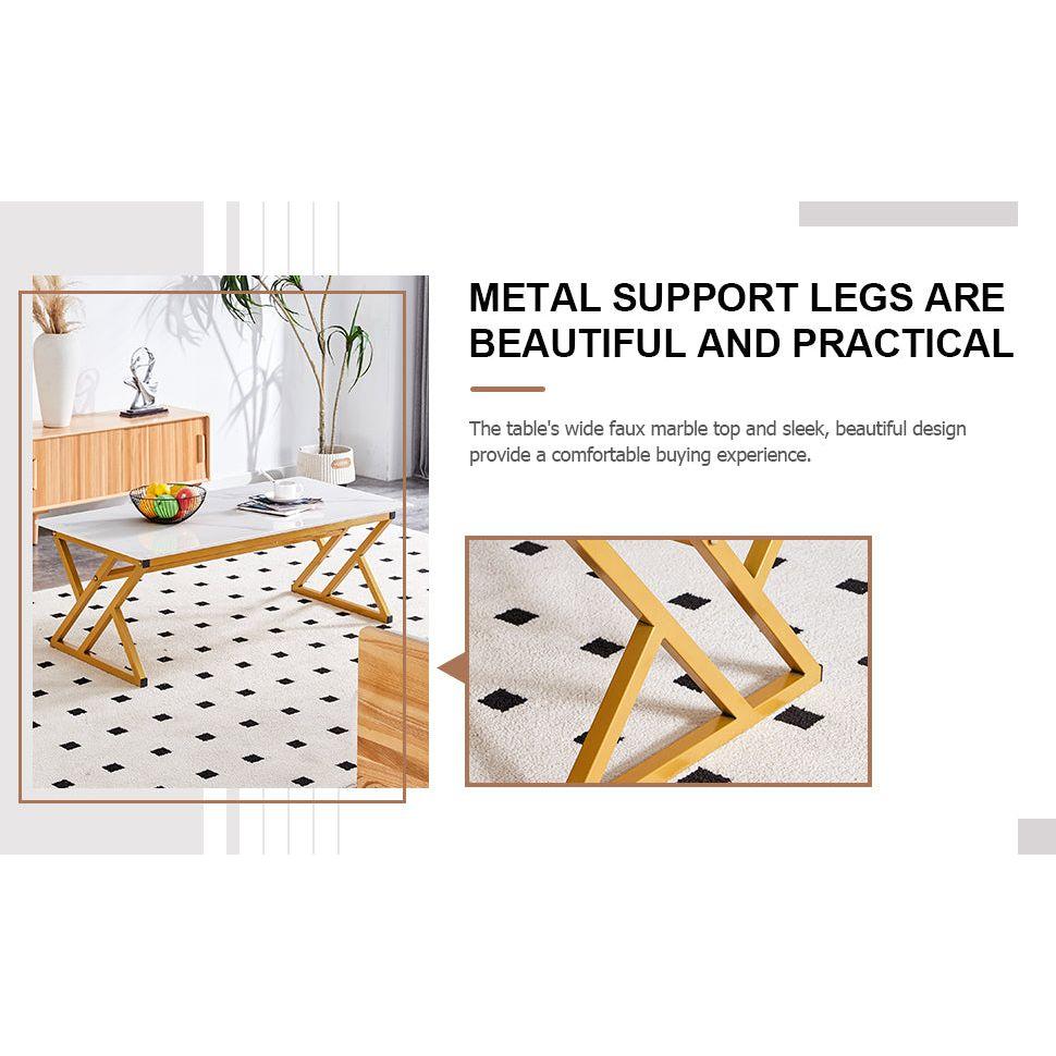 A modern minimalist style white marble patterned coffee table with golden metal legs. Computer desk. Game table. Tea table. CT-XX