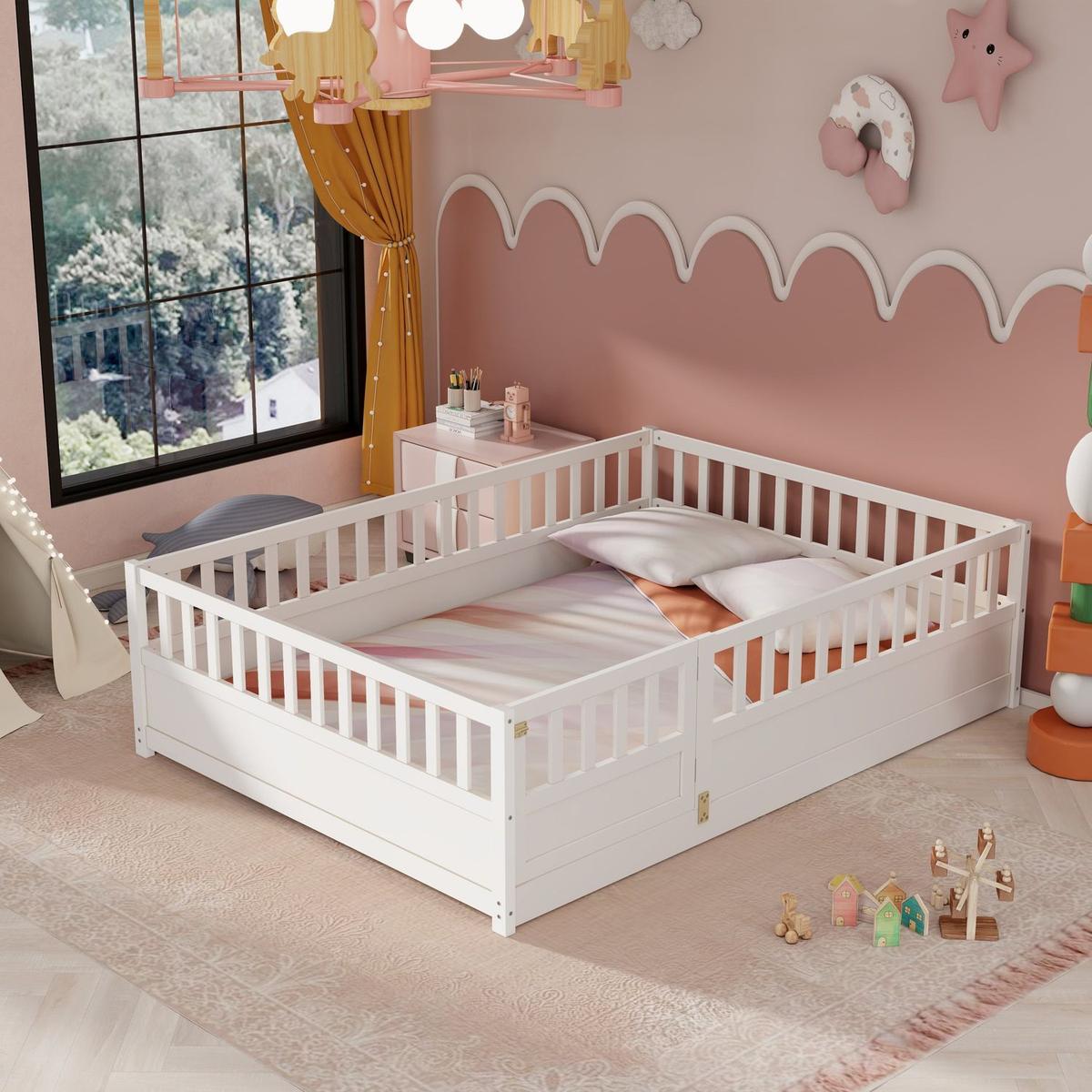 Full size Floor bed, integral construction with super high security barrier, door, children's floor bed frame, Montessori wooden children's floor bed, white - Streamdale Furniture