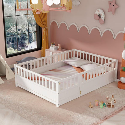 Full size Floor bed, integral construction with super high security barrier, door, children's floor bed frame, Montessori wooden children's floor bed, white - Streamdale Furniture