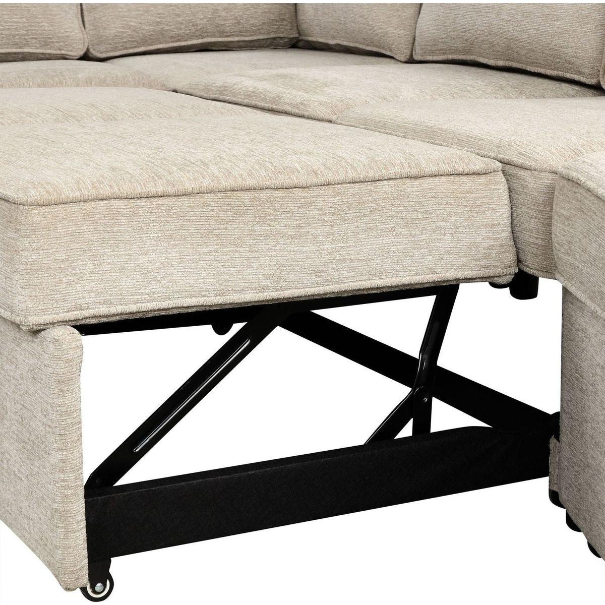 126" L-shaped Sofa Sectional Sofa Couch Pull-out Sofa Bed with Charging Devices and Cup Holders for Living Room, Beige