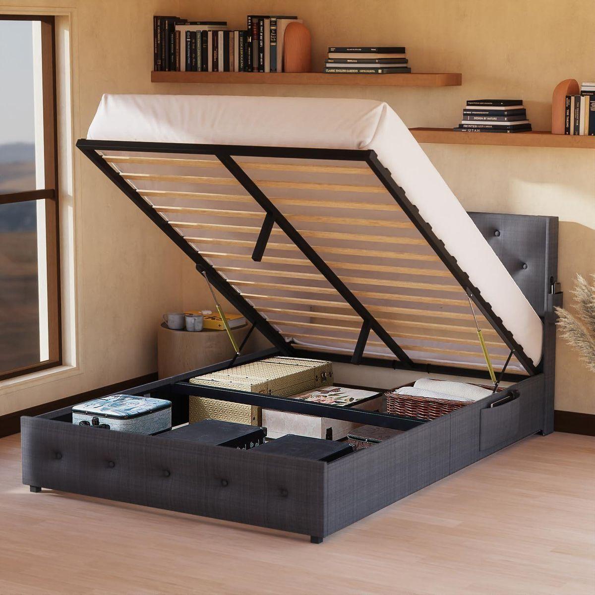 Queen Size Bed Frame with Storage - Lift Up Storage Bed with Modern Wingback Headboard, USB Ports