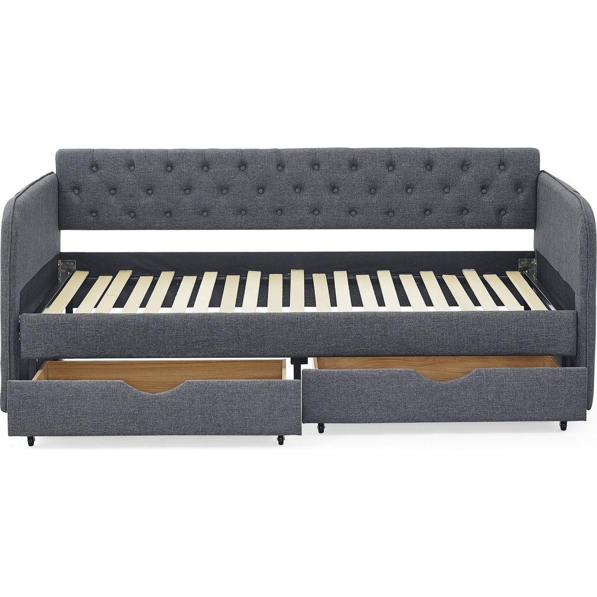 Twin Size Upholstery Daybed with Trundle Bed and Two Storage Drawers, Flat Arms with Pocket, Extendable Daybed for Bedroom Living Room,Linen Dark Gray