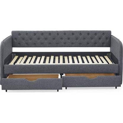 Twin Size Upholstery Daybed with Trundle Bed and Two Storage Drawers, Flat Arms with Pocket, Extendable Daybed for Bedroom Living Room,Linen Dark Gray