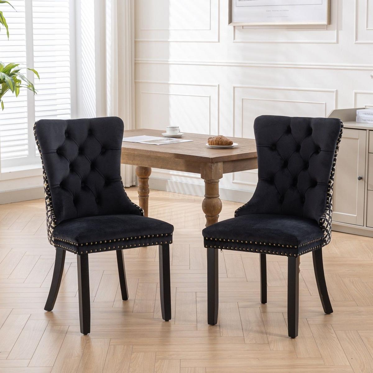 Classic Velvet Dining Chairs, High-end Tufted Solid Wood Contemporary Velvet Upholstered Dining Chair with Wood Legs Nailhead, SET OF 2,Black and Patterned