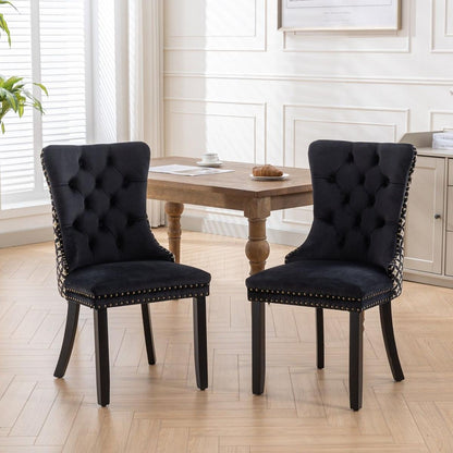Classic Velvet Dining Chairs, High-end Tufted Solid Wood Contemporary Velvet Upholstered Dining Chair with Wood Legs Nailhead, SET OF 2,Black and Patterned