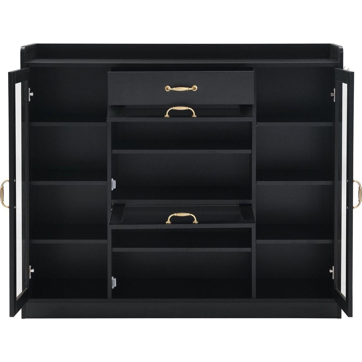 Modernist Side Cabinet with 4 Glass Doors & 3 Hooks, Freestanding Shoe Rack with Multiple Adjustable Shelves, Versatile Display Cabinet with Gold Handles for Hallway, Living Room, Black