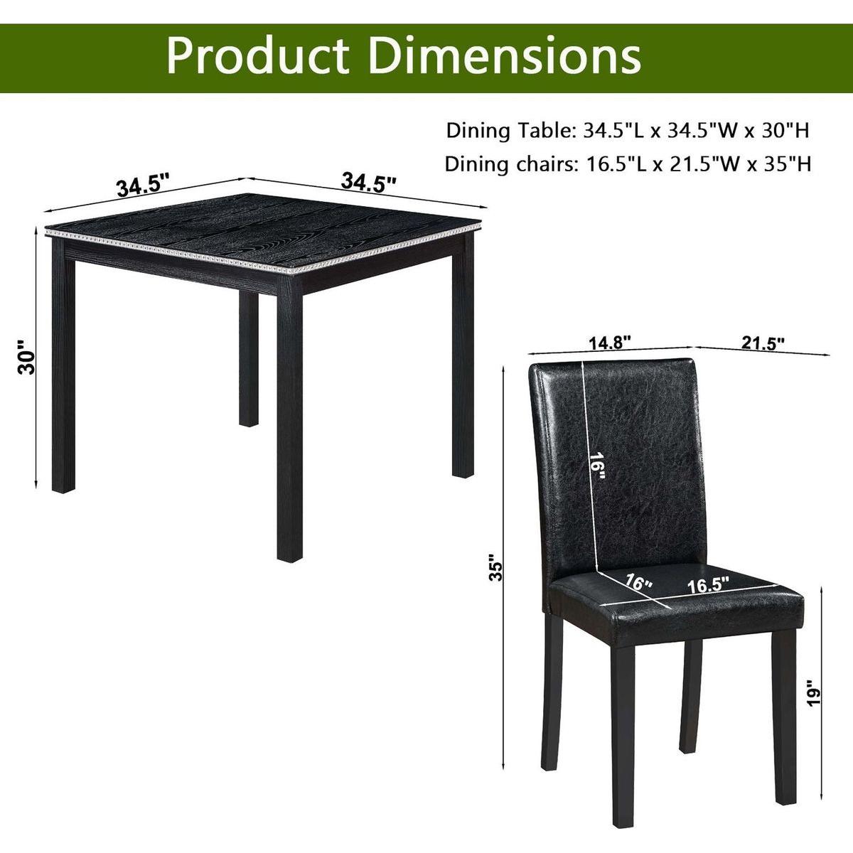 5 Piece Wooden Dining Table Set, Kitchen Table Set with a Square Table and 4 Upholstered Chairs, Wooden Dining Room Table with Crystal Decoration and Chairs Set for Kitchen, Dining Room, Black