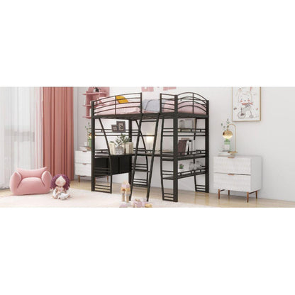 Full Size Loft Bed with 4 Layers of Shelves and L-shaped Desk, Stylish Metal Frame Bed with a set of Sockets, USB Ports and Wireless Charging, Black