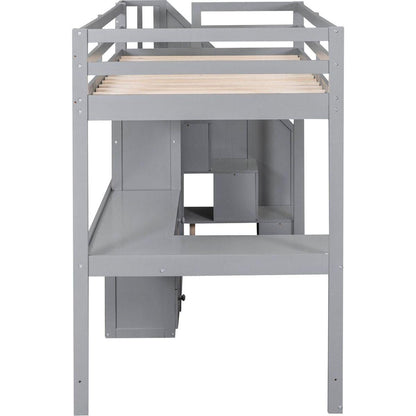 Twin Size Loft Bed with L-Shaped Desk and Drawers, Cabinet and Storage Staircase, Gray