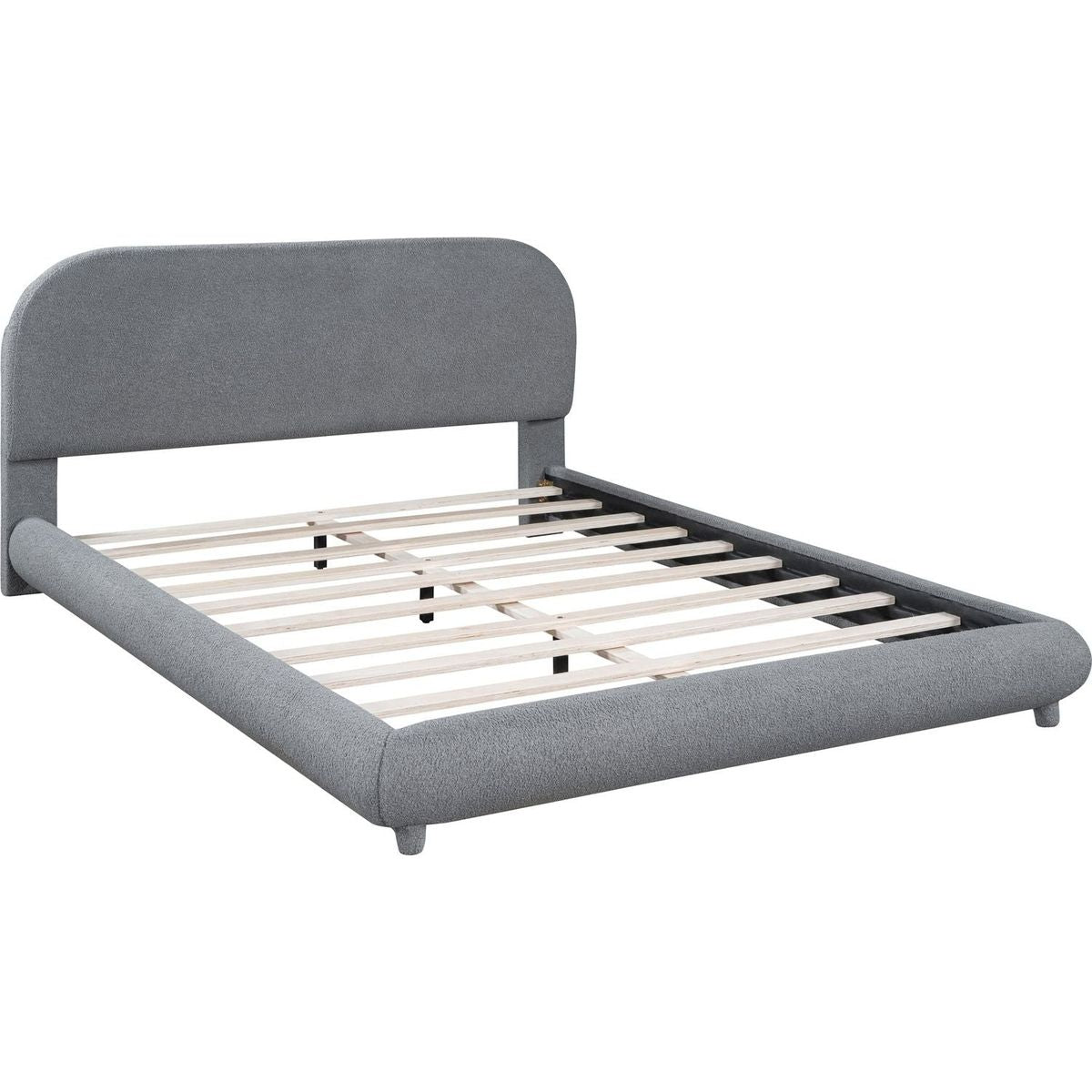 Teddy Fleece Queen Size Upholstered Platform Bed with Thick Fabric, Solid Frame and Stylish Curve-shaped Design, Gray