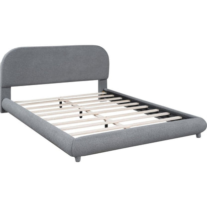 Teddy Fleece Queen Size Upholstered Platform Bed with Thick Fabric, Solid Frame and Stylish Curve-shaped Design, Gray