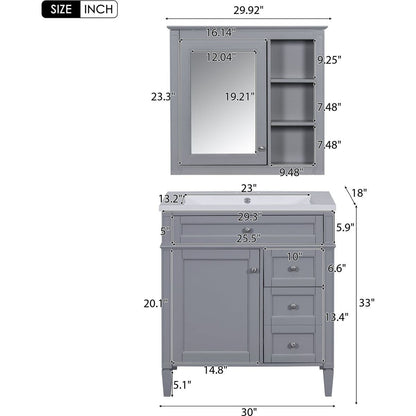 30" Bathroom Vanity with Top Sink, Modern Bathroom Storage Cabinet with 2 Drawers and a Tip-out Drawer, Freestanding Vanity Set with Mirror Cabinet, Single Sink Bathroom Vanity