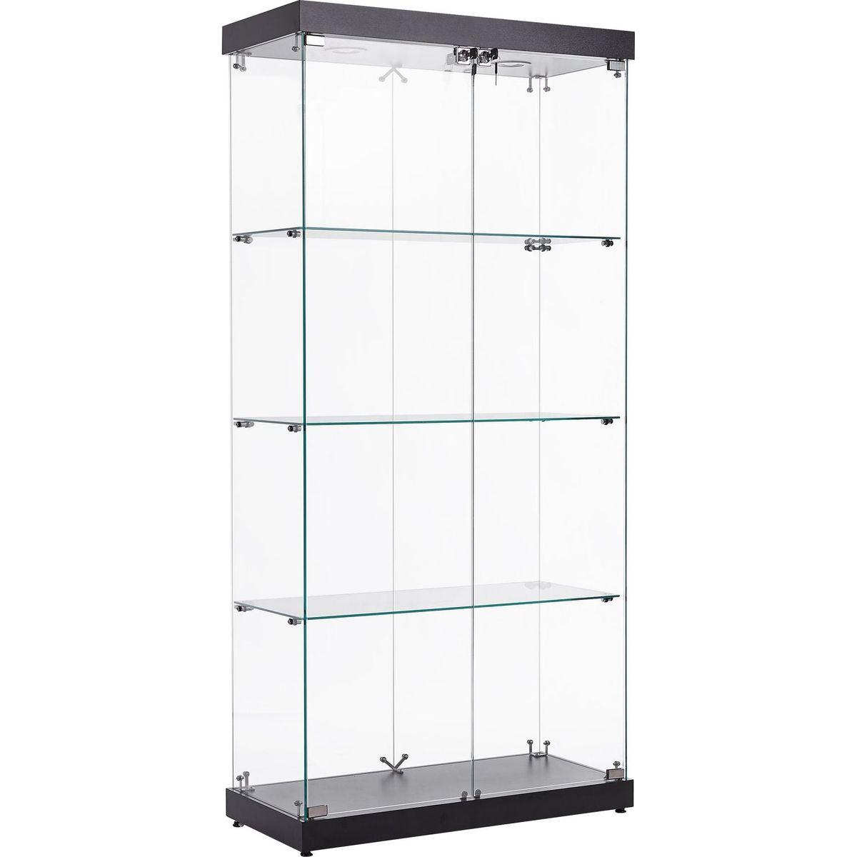 4-Tier Glass Display Cabinet, Double Door Glass Cabinet, Four Partitions, Two Locks, Floor Standing Storage Cabinet for Living Room, Bedroom, Showroom and Office, Black, 31.5"L x 14.2"W x 66.3"H