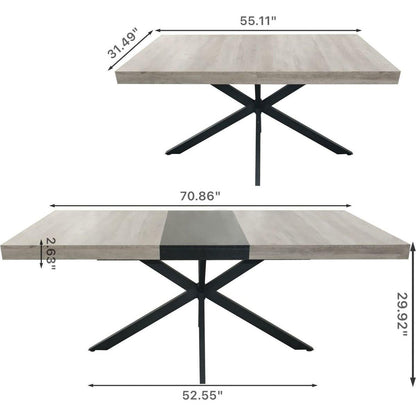 55.11" -70.86"Retro Rectangular Stretch Dining Table, Grey Carole Top With Black Embossed Center Plate, Black Fine Sand Cross Iron Foot Base Dining Table, With Storage Box.