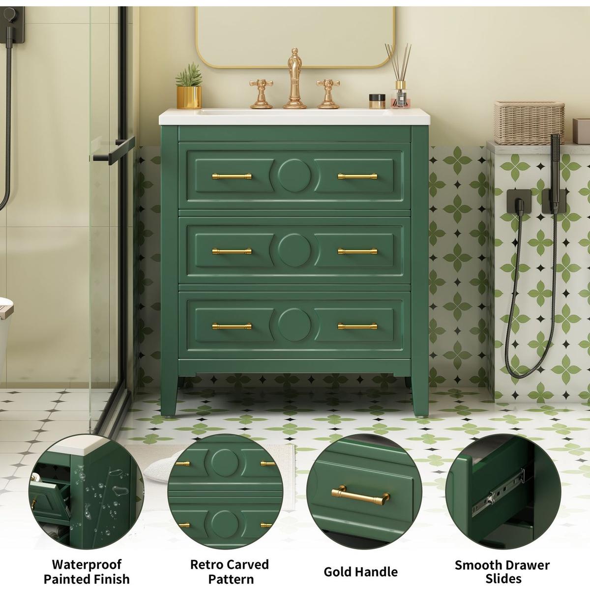 30" Bathroom Vanity with Resin Sink Combo, Free Standing Single Vanity Set with 3 Drawers, Solid Wood Frame Bathroom Storage Cabinet, Green