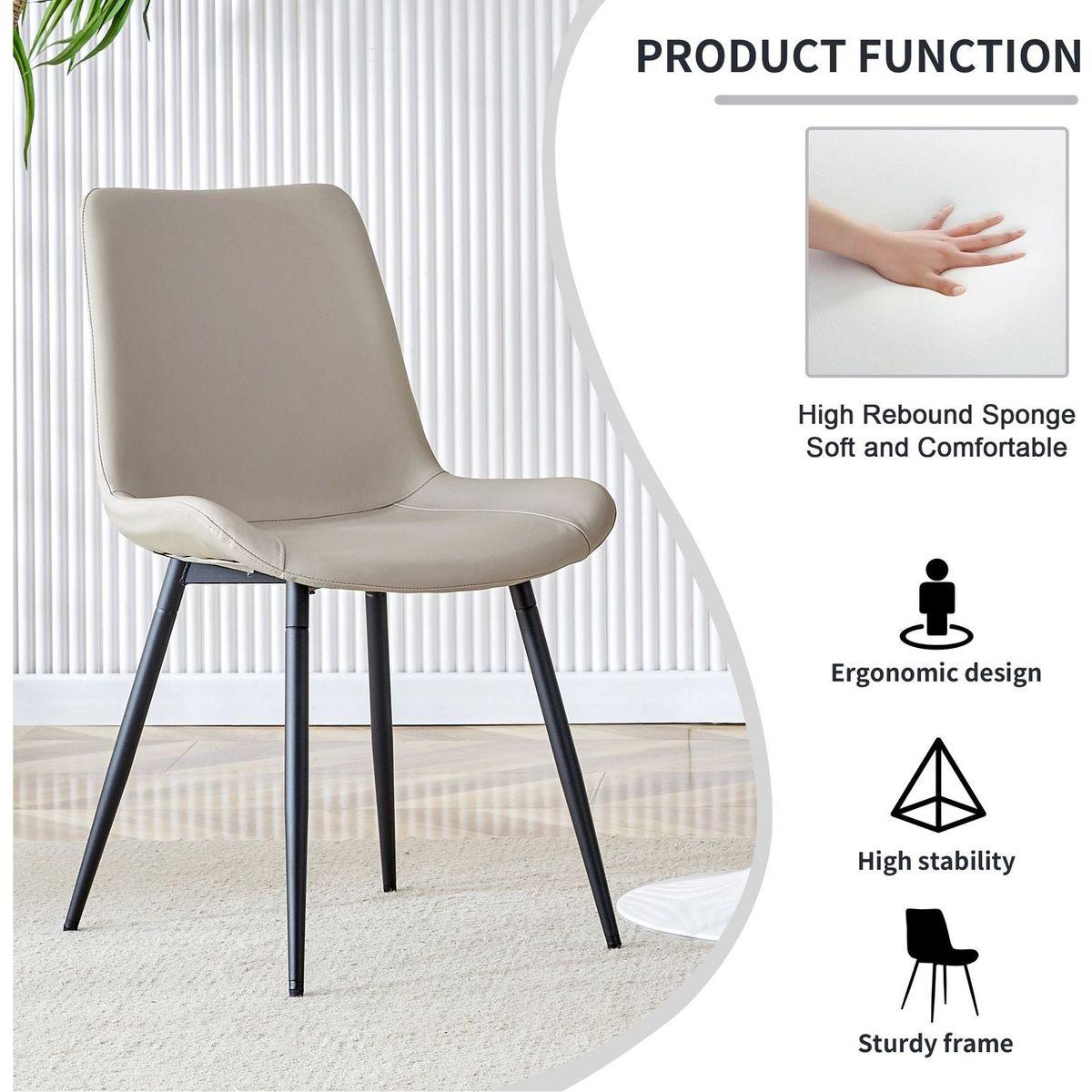 Light gray artificial leather backrest cushion dining chair, black metal legs, curved widened cushion design for more comfort, suitable for restaurants, kitchens, bedrooms, offices.(6 chairs) 0502