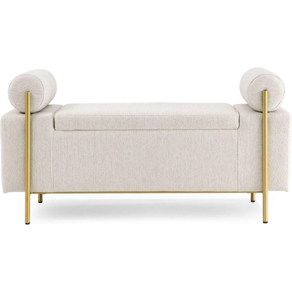 Elegant Upholstered Linen Storage Bench with Cylindrical Arms and Iron Legs for Hallway Living Room Bedroom, Beige