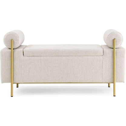 Elegant Upholstered Linen Storage Bench with Cylindrical Arms and Iron Legs for Hallway Living Room Bedroom, Beige