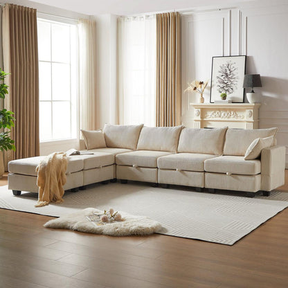 113.5" Modular Sectiona Corduroy Sofa, Sectional Couches for Living Room U Shaped Sectional Couch with Storage Ottoman, 6 Seats Convertible Sectionals with Chaise