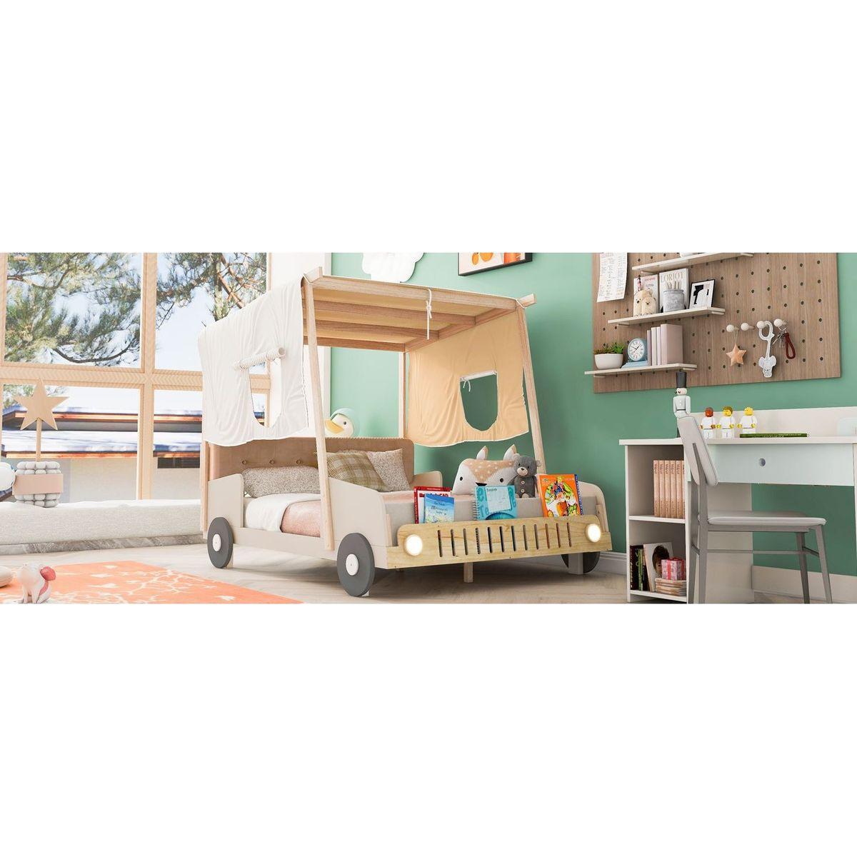 Wood Full Size Car Bed with Pillow, Ceiling Cloth and LED, Natural