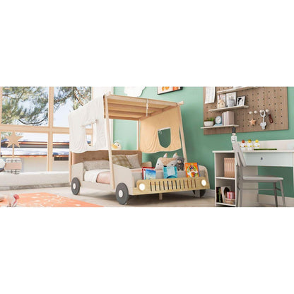 Wood Full Size Car Bed with Pillow, Ceiling Cloth and LED, Natural