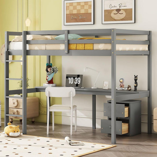 Twin Loft Wood Bed with Under-bed, Built-in Desk, a Storage Cabinet of 2 Drawers, Guardrails, Ladder,Grey