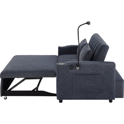 55.9" Convertible Sofa Bed Loveseat Sofa with Three USB Ports, Two Side Pockets, Two Cup Holders and 360Swivel Phone Holder for Living Room, Blue Grey