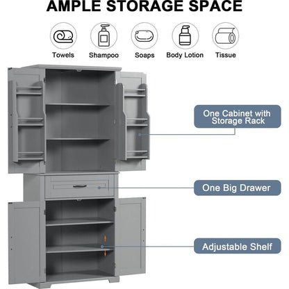 Bathroom Storage Cabinet with Doors and Drawer, Multiple Storage Space, Adjustable Shelf, Grey