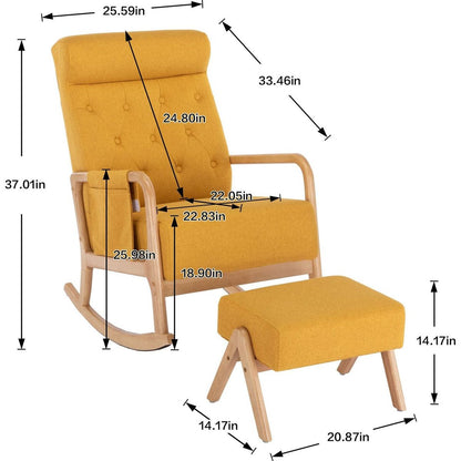 Rocking Chair With Ottoman, Mid-Century Modern Upholstered Fabric Rocking Armchair, Rocking Chair Nursery with Thick Padded Cushion, High Backrest Accent Glider Rocker Chair for Living Room