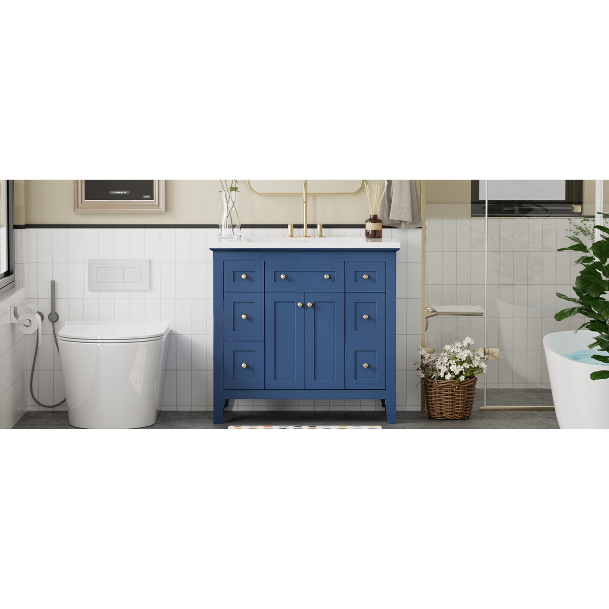 36" Bathroon Vanity with Resin Sink Combo Set, Modern Freestanding Single Bathroom Cabinet with 6 Drawers & 2 Cabinets, Storage Cabinet for Bathroom, Solid Wood Frame Vanity Set, Blue