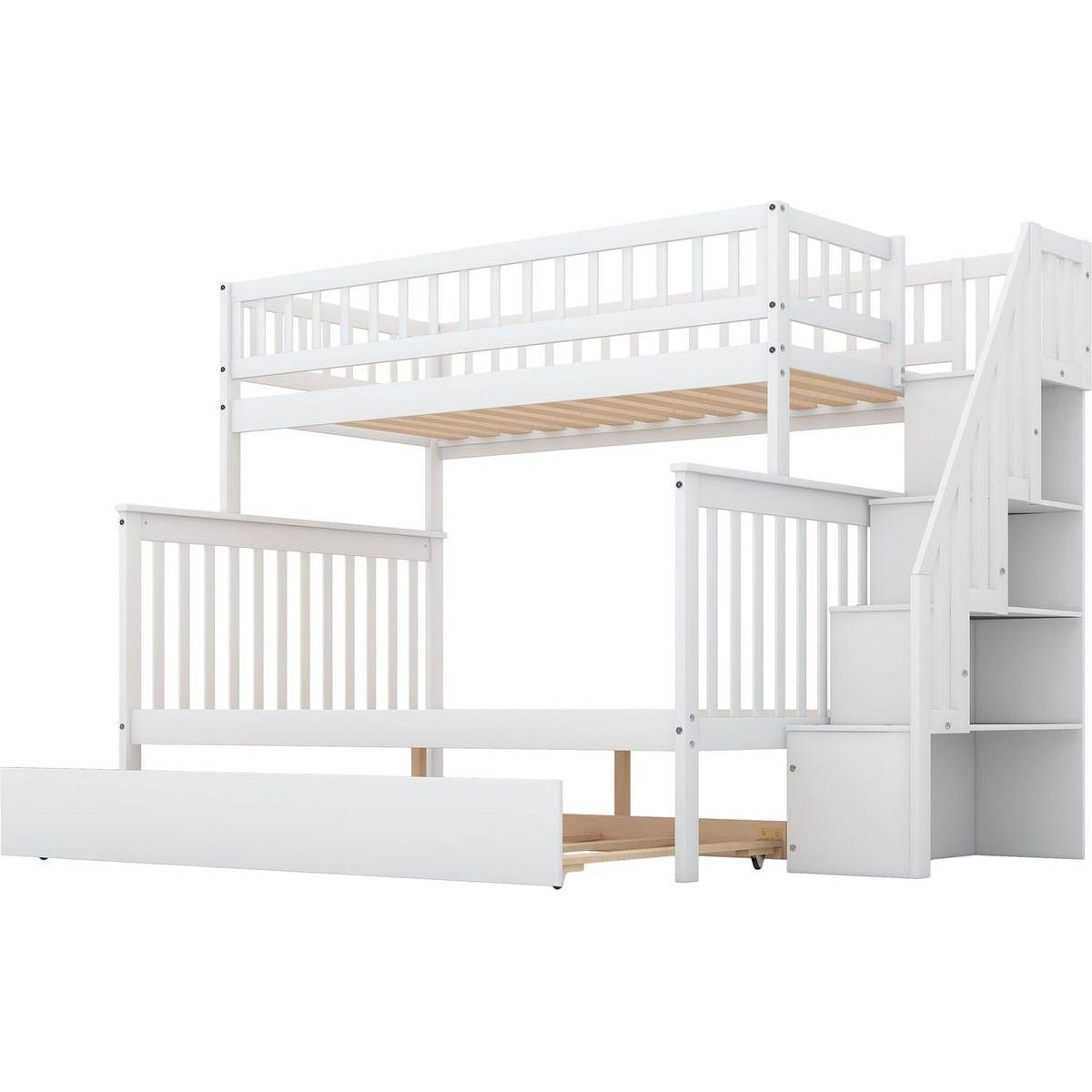 Twin over Full Bunk Bed with Trundle and Staircase,White