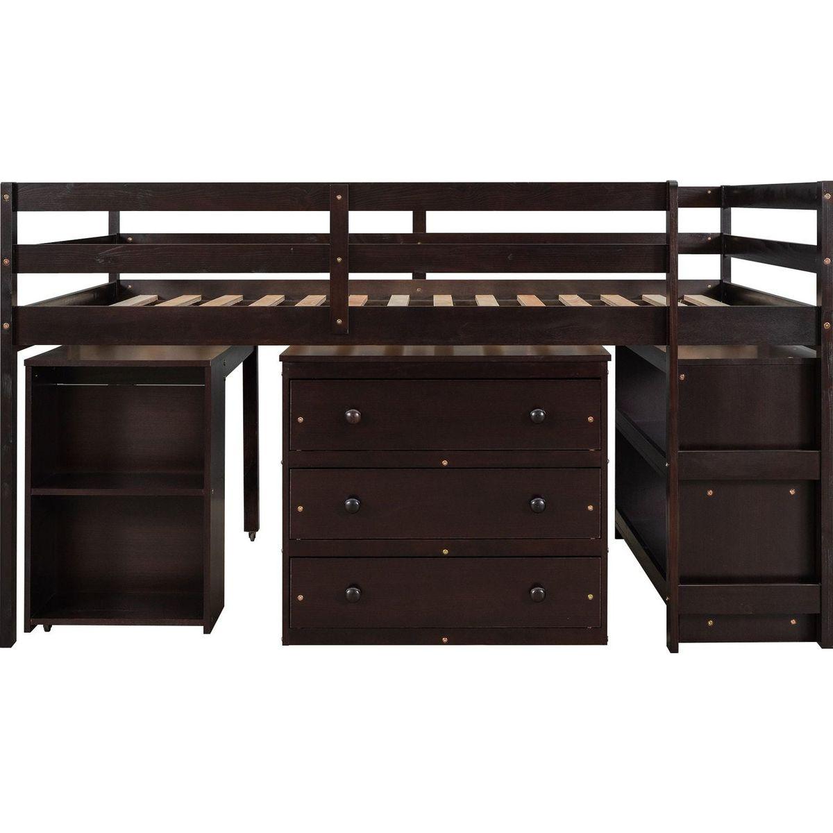 Low Study Full Loft Bed with Cabinet, Shelves and Rolling Portable Desk, Multiple Functions Bed- Espresso
