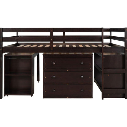 Low Study Full Loft Bed with Cabinet, Shelves and Rolling Portable Desk, Multiple Functions Bed- Espresso