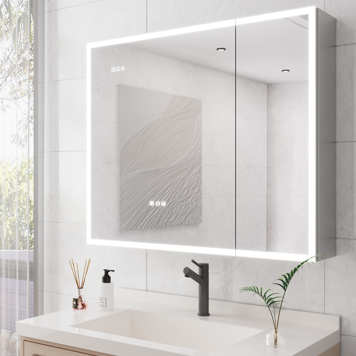 Bathroom Medicine Cabinet with Lights, 36卢脜30 Inch LED Medicine Cabinet with Mirror, Double Door Lighted Medicine Cabinet with Defogger, Dimmer, Clock & Temp Display, 2 Outlets & USB Ports