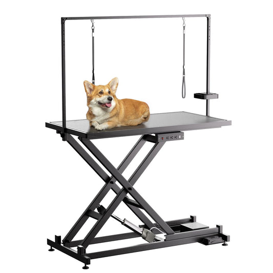 Professional Electric Dog Grooming Table - Heavy Duty, Height Adjustable Pet Grooming Table w/Leveling Wheels, Dog Grooming Arm, Anti Slip Tabletop & Tool Organizer/Dog Grooming Station (50', BLACK)