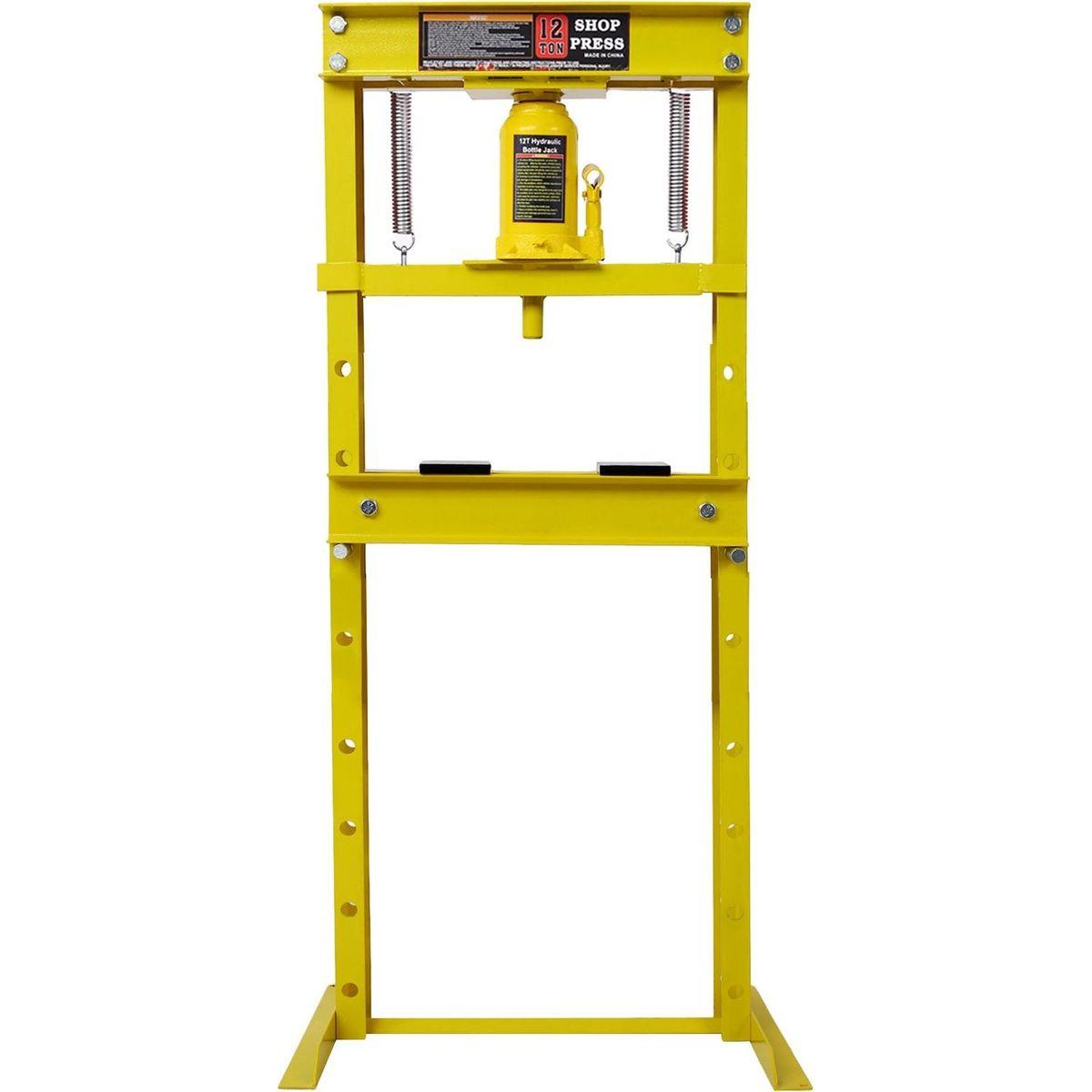 Hydraulic Shop Press, 12-Ton Capacity, Floor Mount, with Press Plates, H-Frame Garage Floor Press, Adjustable Working Table Height,, yellow
