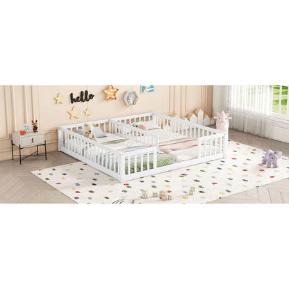 Double Twin Floor Bed with Fence, Guardrails, without door, White