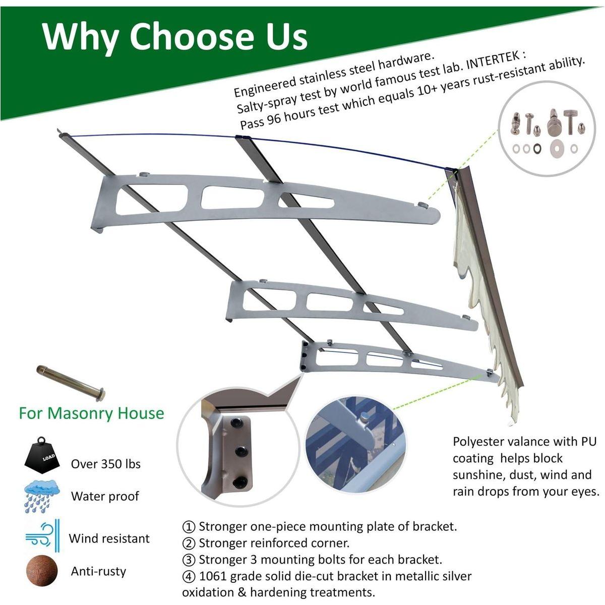 DA7934C Series Door Window Awning Canopy Made of 0.137Inch Thick Crystal Solid Polycarbonate Sheet and Aluminum Alloy with Valance in size of 79" Wide x 34" Deep for Masonry Concrete Wall House only.