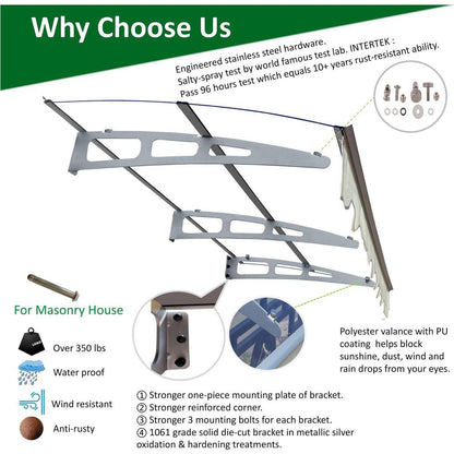 DA7934C Series Door Window Awning Canopy Made of 0.137Inch Thick Crystal Solid Polycarbonate Sheet and Aluminum Alloy with Valance in size of 79" Wide x 34" Deep for Masonry Concrete Wall House only.