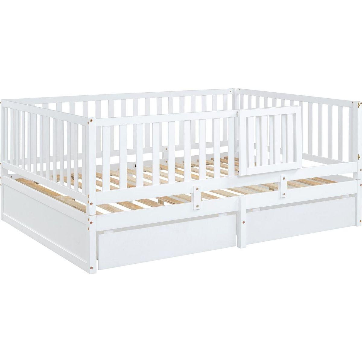 Full Size Wood Daybed with Fence Guardrails and 2 Drawers, Split into Independent Floor Bed & Daybed, White